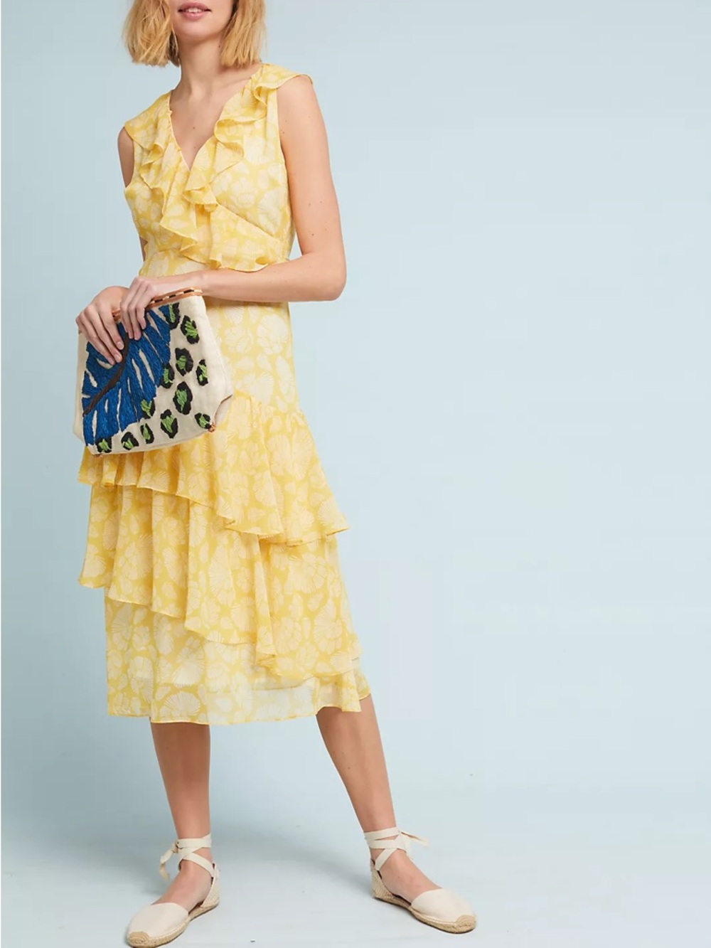 Anthropologie dRA Sunny Days Yellow Ruffle Wrap Tiered Midi Dress Floral M